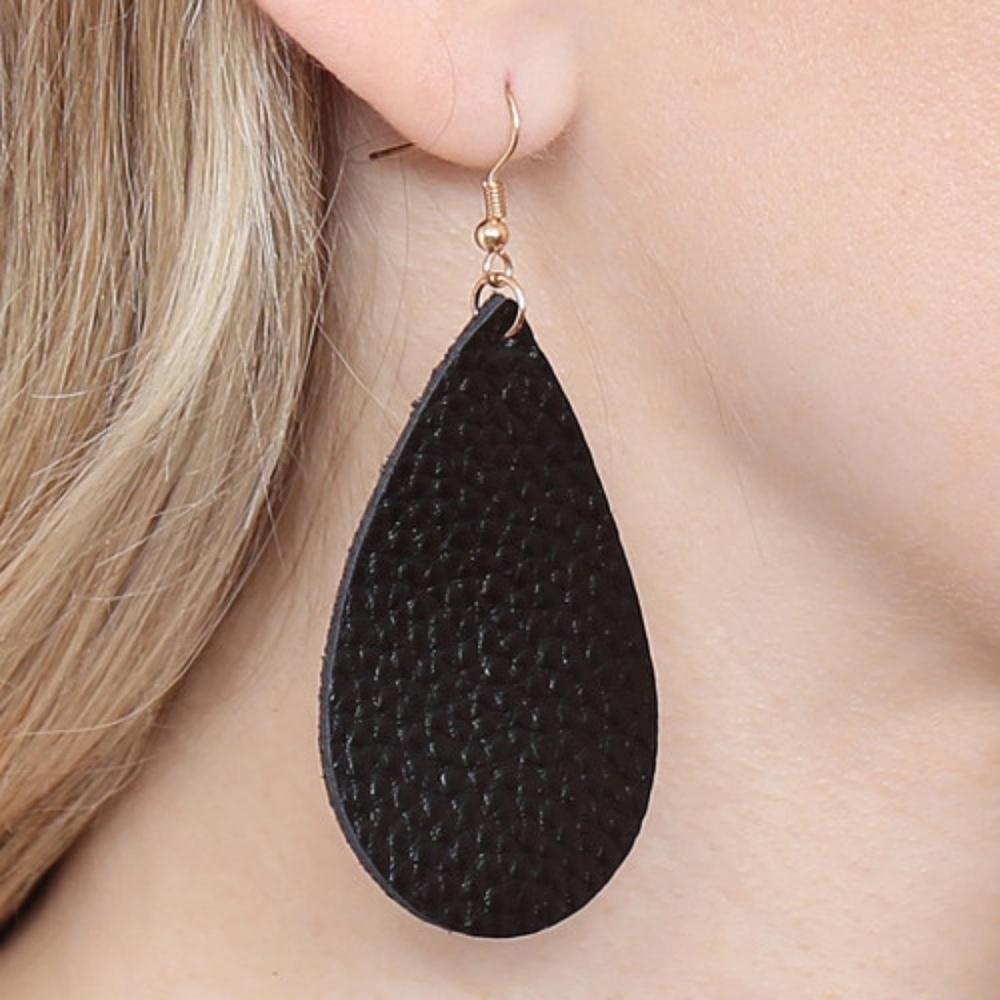 Black leather teardrop earrings.